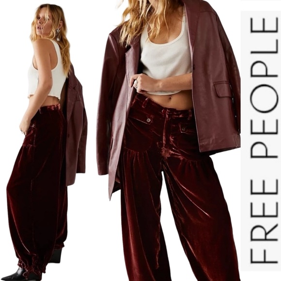 Last Chance NWOT Free People Lotus Crushed Velvet Balloon Pants in Rusty Wine 25 - Picture 1 of 16